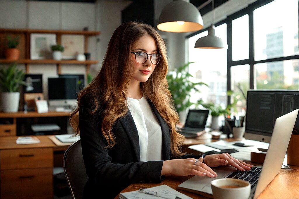 Professional woman working on a laptop in a modern office setting, representing Kautilyam Infotech, a leading IT company.
