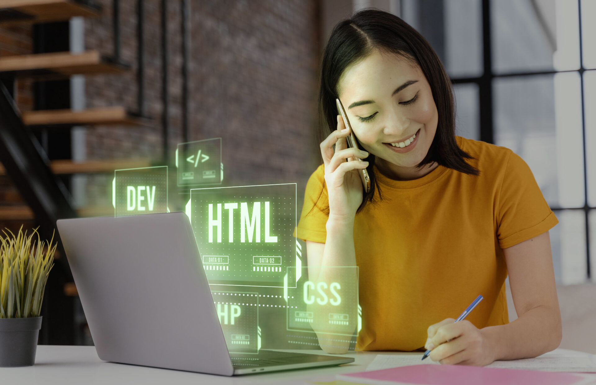 Smiling woman working on front-end development with code elements like HTML and CSS, representing Kautilyam's expert front end developer services.