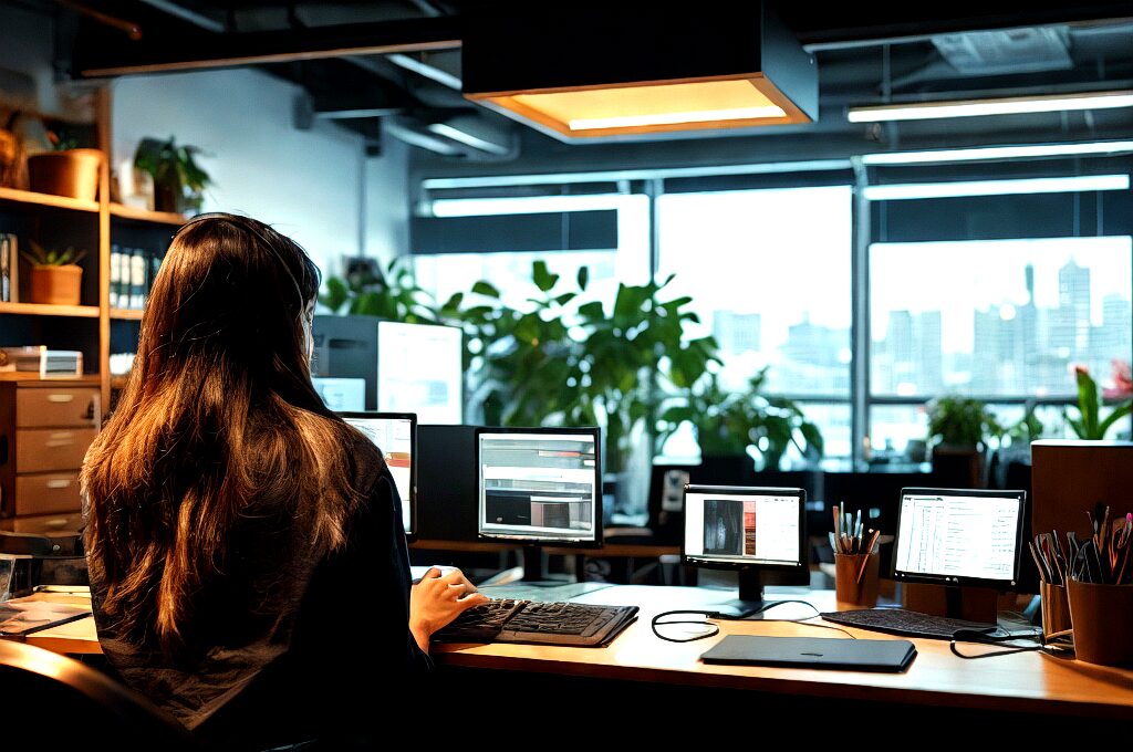 Developer working on multiple screens with Node JS at Kautilyam, delivering scalable backend solutions and modern web apps