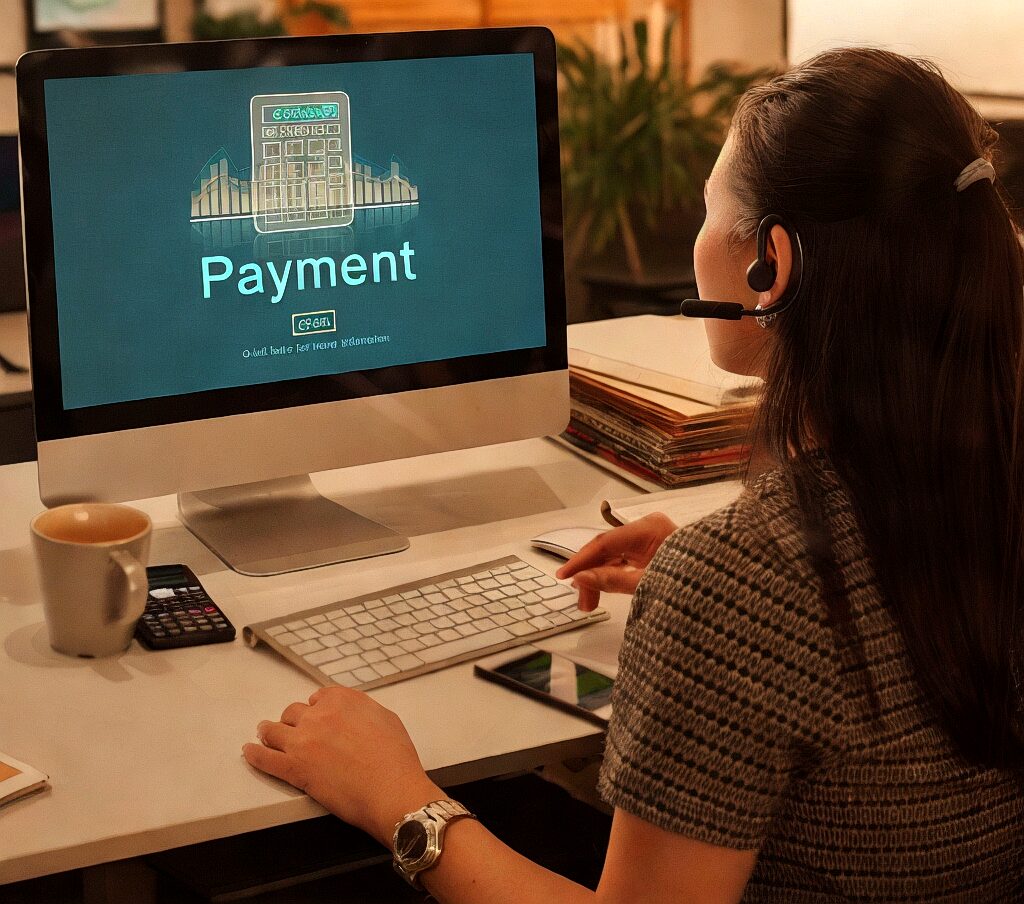 Customer support executive managing secure online payment of gateway integration on desktop for Kautilyam’s digital services.