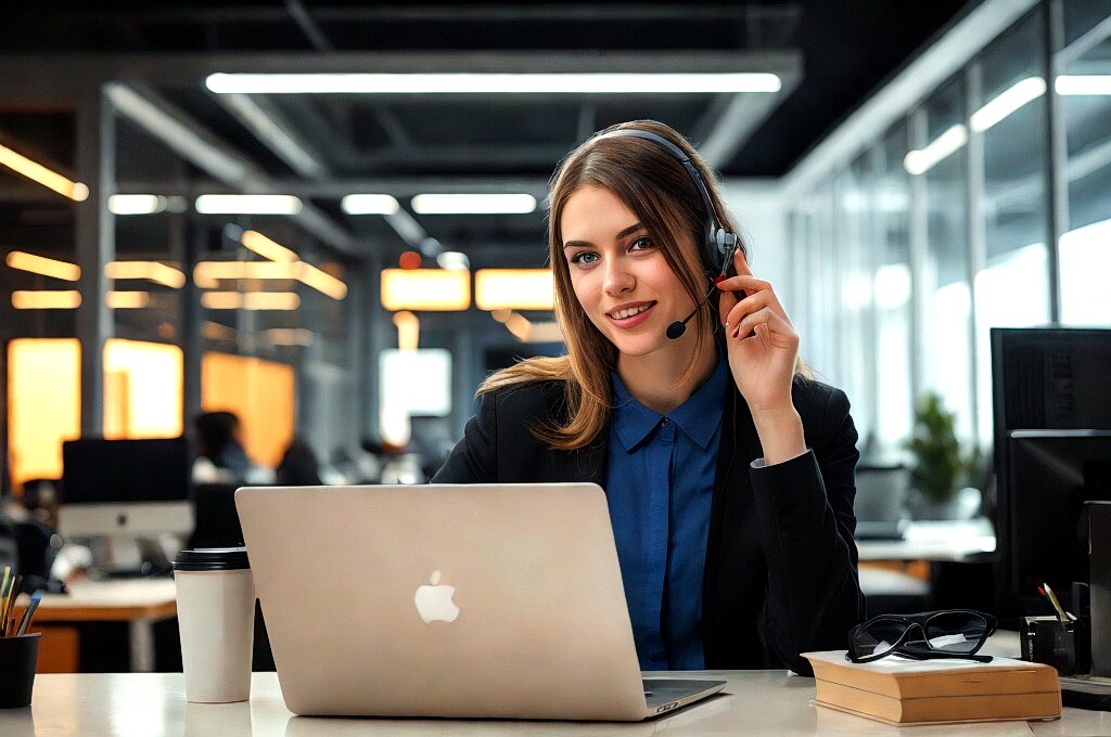 A young professional woman in a headset, smiling and sitting at her desk with a laptop open in front of her. The modern office setting highlights a focus on customer service or client support from Kautilyam team.