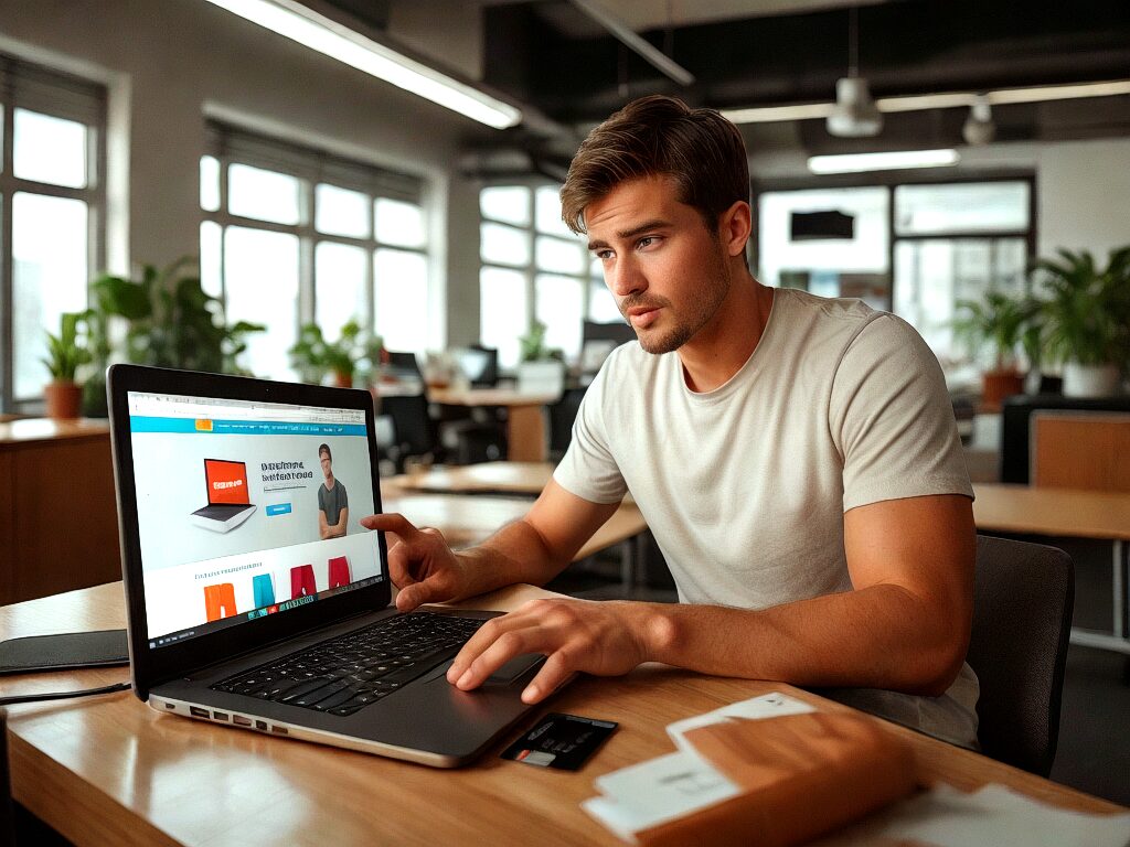 Man managing an online store on laptop with Shopify at Kautilyam, showcasing scalable ecommerce solutions and store design
