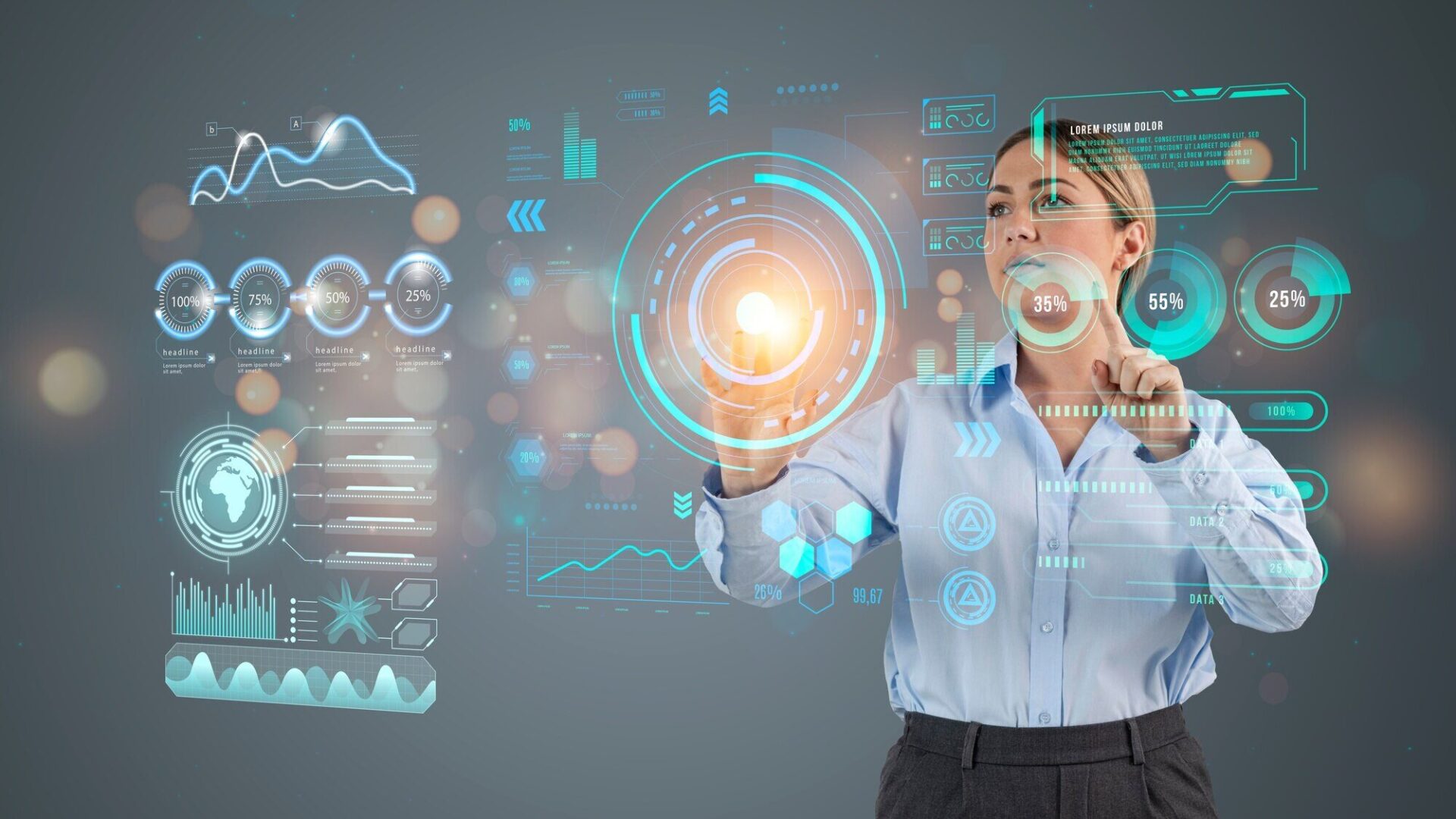 Professional woman interacting with futuristic digital interface displaying data analytics and software development metrics, representing Kautilyam Software Development Services.