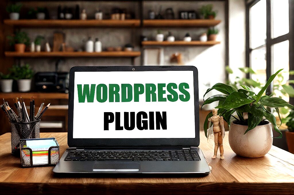 Laptop screen displaying WordPress plugin text at Kautilyam, showcasing expert WordPress solutions and development services