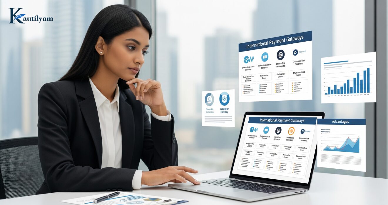 Businesswoman analyzing international payment gateway data on laptop for Kautilyam's global payment solution integration.