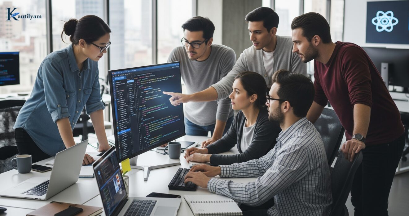 Developers at Kautilyam collaborating on ReactJS code, showcasing expertise as a leading ReactJS Development Company in USA.